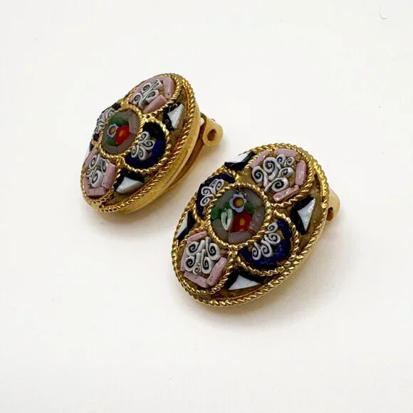 Vintage 1950s-1960s Italian Micro Mosaic Oval Clip on Earrings - Picture 2 of 4